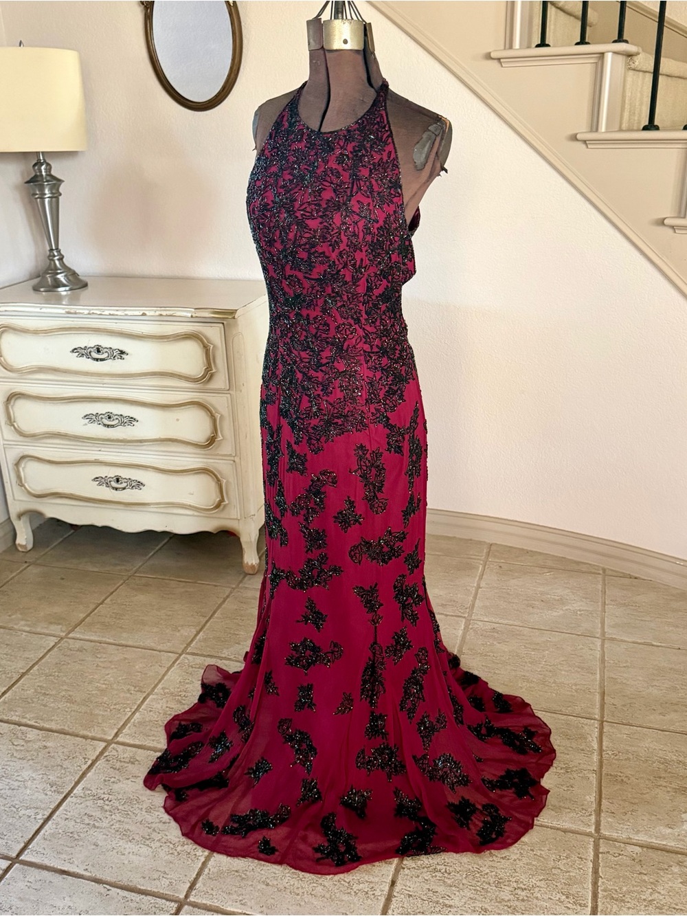 Scala Womens Sz L Burgundy Silk Beaded Floral Halter Open Back Maxi Evening Gown